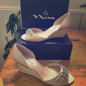 Satin Flower Brooch Peep Toe d’Orsay Wedges